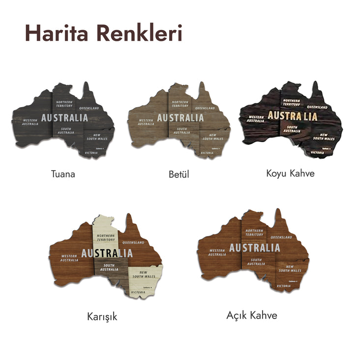 Ahsap dunya haritasinin renklerinin bes farklı avustralya parcasiyla gosterimi colorfullworldstr