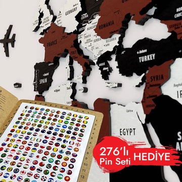 Bordo ve siyah ahşap haritada Avrupa ve Orta Doğu ile ülke bayraklı 276'lı pin seti