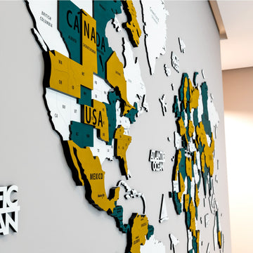 Altın, mavi ve krem ahşap dünya haritası, 150x80 cm, Kuzey Amerika ülkeleri yakın çekim