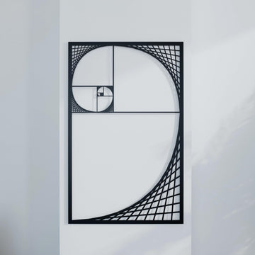 Siyah Fibonacci spirali dikdörtgen metal duvar tablosu, düz karşıdan görünüm