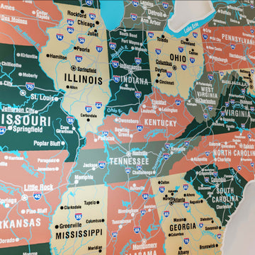 Sage ABD metal haritası yakın çekim, Illinois, Ohio ve Tennessee eyaletleri ve şehir isimleri