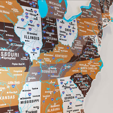 Soil ABD metal haritası yakın çekim, Illinois, Ohio ve Tennessee eyaletleri ve şehir isimleri