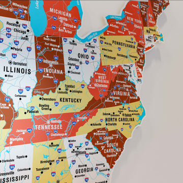 Terracotta ABD metal haritası yakın çekim, Illinois, Ohio ve Tennessee eyaletleri ve yol numaraları