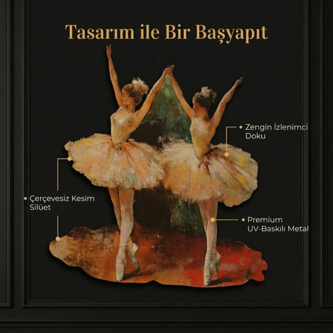 iki balerin yer alan yagli boya gorunumlu uv baskili metal tablonun doku kesim ve baski kalitesi one cikiyor colorfullworldstr