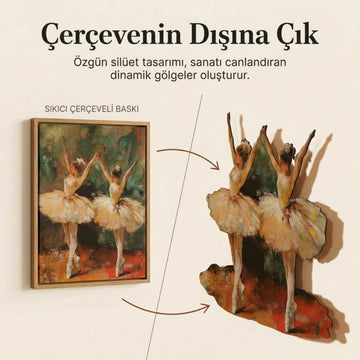 Balerin figürlü metal tablo ile çerçeveli baskı karşılaştırması: çerçevenin dışına çıkan silüet tasarımı