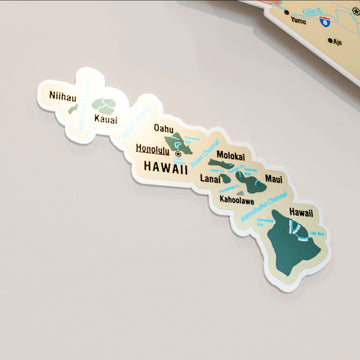 Sage renkli Hawaii adaları parçası yakın çekim, Kauai, Oahu ve Maui isimleriyle