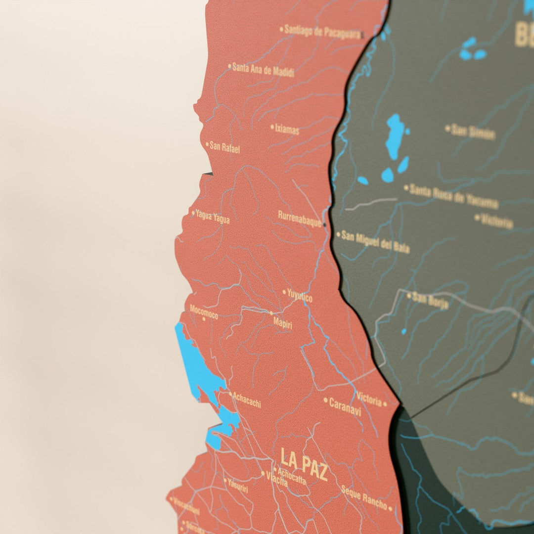 Bolivya ahşap haritasında Sage renk katmanlı bölgeler ve isimler, yakın plan