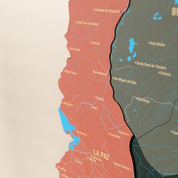 Bolivya ahşap haritasında Sage renk katmanlı bölgeler ve isimler, yakın plan