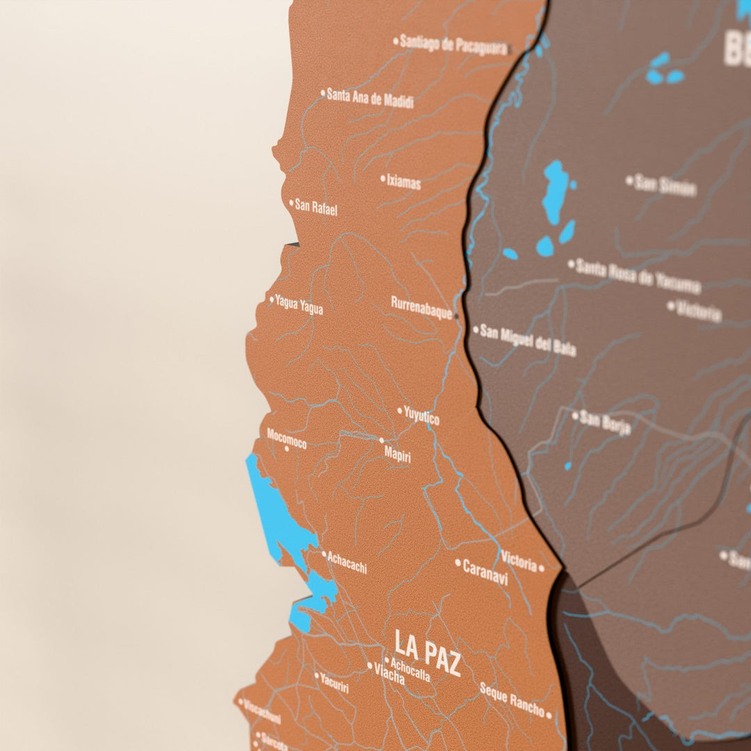 Bolivya ahşap haritasında Soil renk katmanlı bölgeler ve isimler, yakın plan