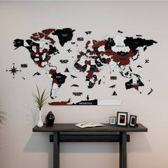 Bordo, krem ve siyah 3D ahşap dünya haritası, 100x54 cm, siyah konsol masanın üst tarafındaki duvarda