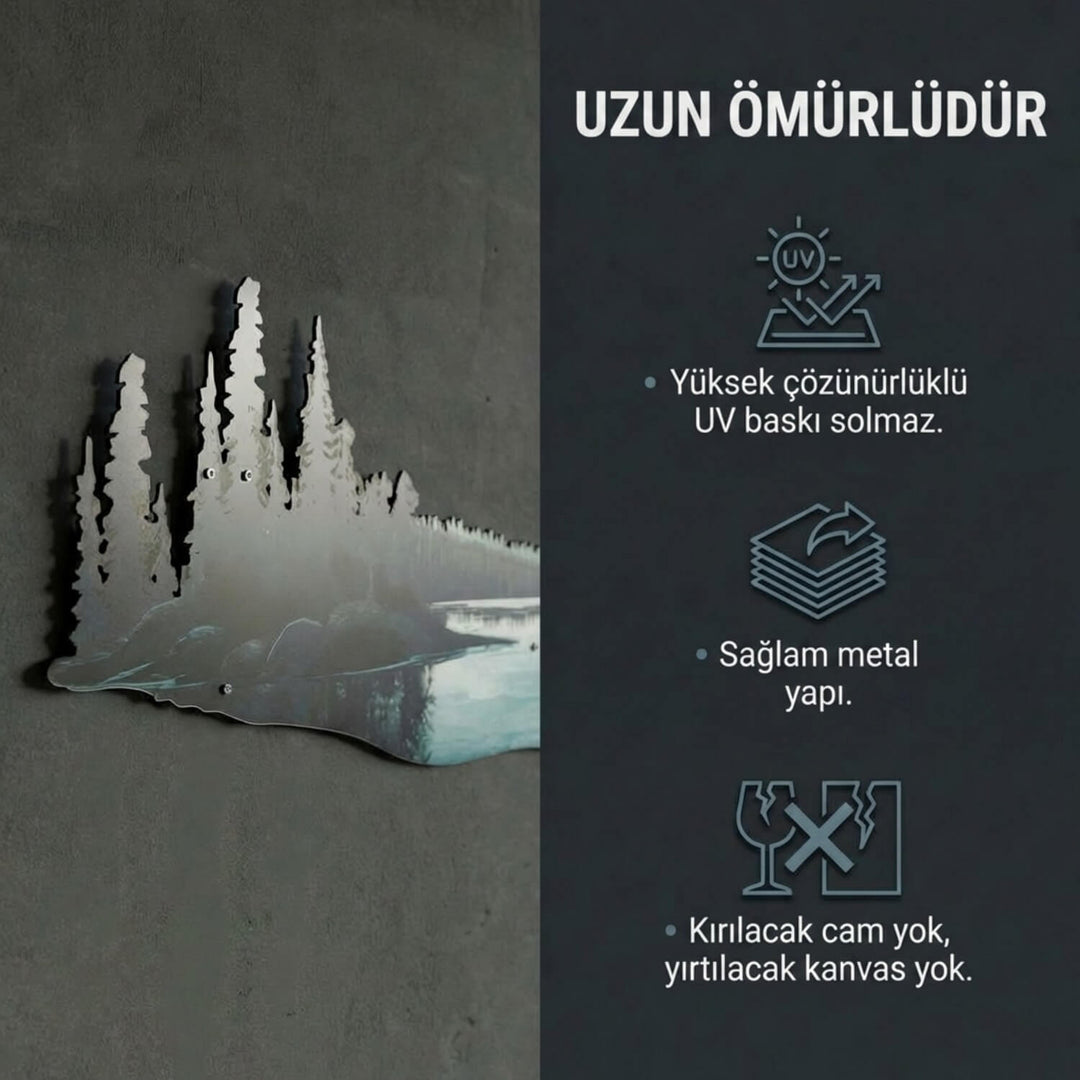 cam agaclarina yakin cekim yapilan dag ve gol manzarali metal tablonun saglam metal yapisi ve yuksek cozunurluklu uv baski ozelligi vurgulaniyor colorfullworldstr