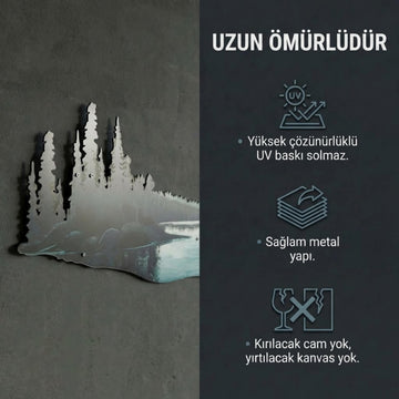 Dağ ve göl manzaralı metal tablo bilgi görseli: UV baskı solmaz, sağlam metal yapı, kırılacak cam yok