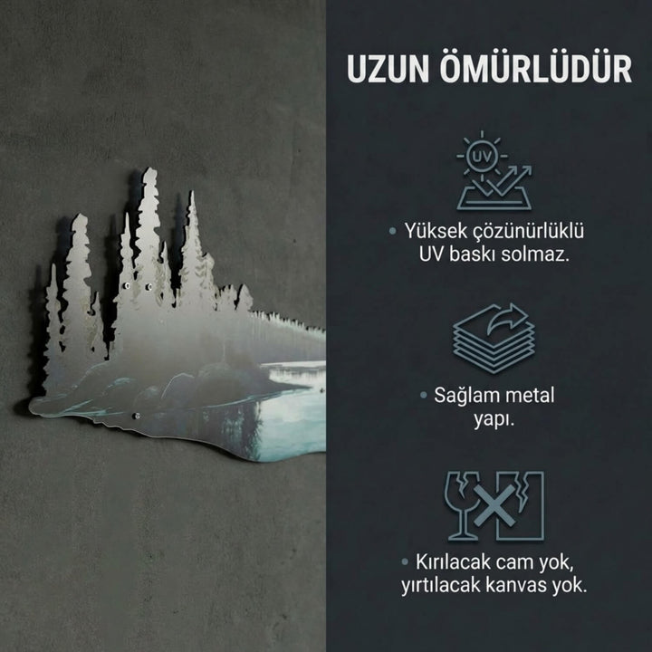 cam agaclarina yakin cekim yapilan dag ve gol manzarali metal tablonun saglam metal yapisi ve yuksek cozunurluklu uv baski ozelligi vurgulaniyor colorfullworldstr