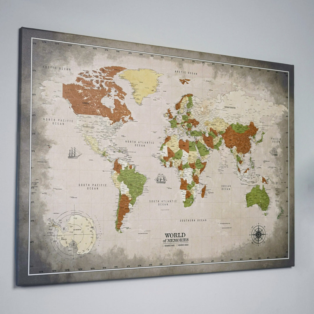 sepya yesil ve bej renk tonlarindaki kanvas dunya haritasi duvarda estetik ve ozgun bir durusa sahip colorfullworldstr