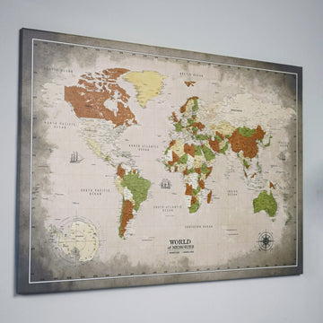 Discovery dünya haritası kanvas tablo, 70x50 cm, duvarda yandan açıyla görünüm