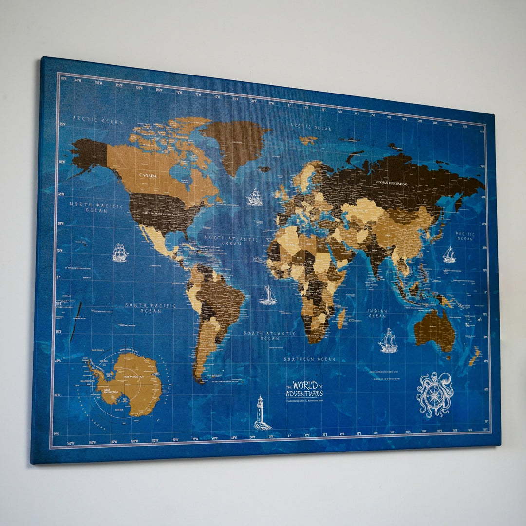 dunya haritasi kanvas tablo ocean modeli mavi zemin uzerine toprak tonlari ile tasarlanmistir colorfullworldstr