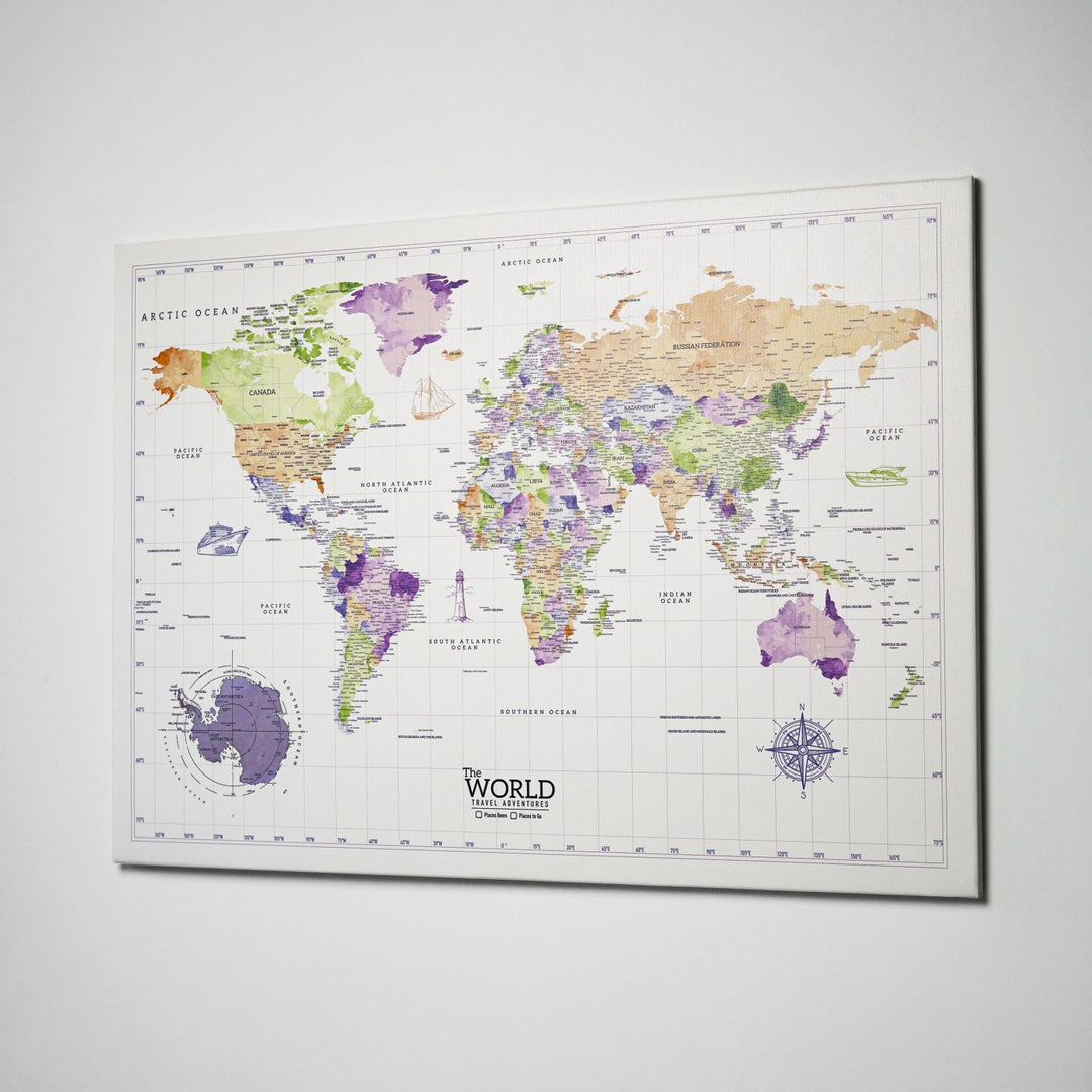 dunya haritasi kanvas tablonun duvara asilmis tam gorunumu colorfullworldstr