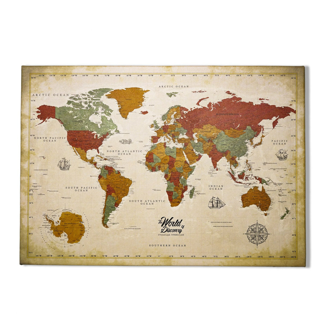 retro renklere sahip dunya haritasi kanvas tablonun duvara asilmis tam gorunumu colorfullworldstr