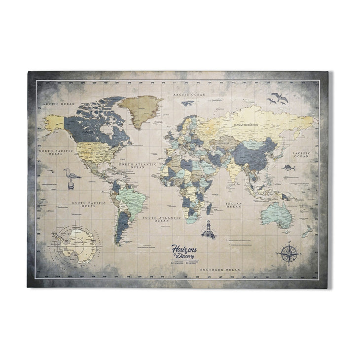 vintage dunya haritasi kanvas tablonun duvara asilmis genis gorunumu colorfullworldstr