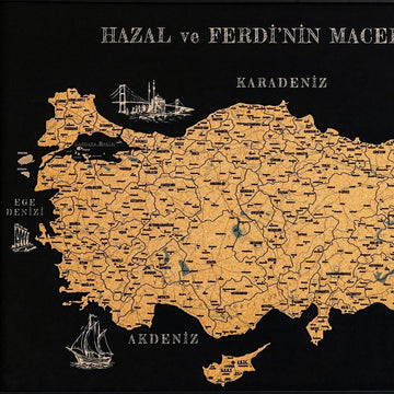 Mantar Türkiye haritasının tam görünümü: il sınırları, Karadeniz, Akdeniz ve yelkenli çizimi