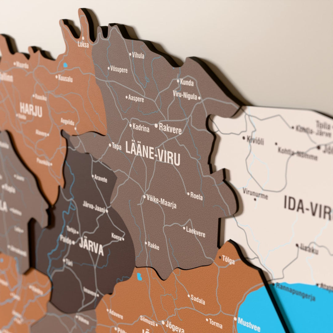 Estonya ahşap haritasında Soil renk katmanlı bölgeler ve isimler, yakın plan