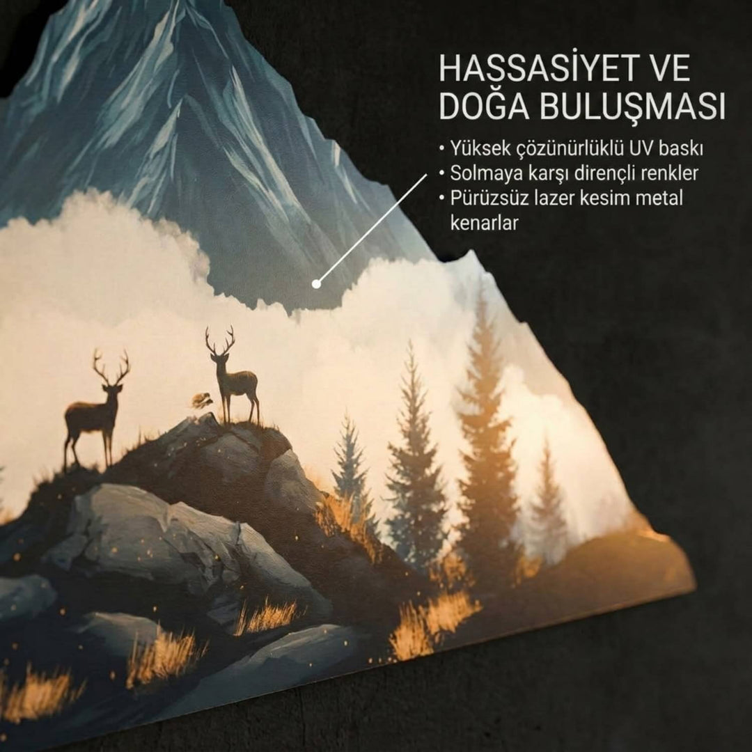 Geyik Figürlü Dağ Silüeti Metal Tablo - UV Baskılı Modern Duvar Dekoru