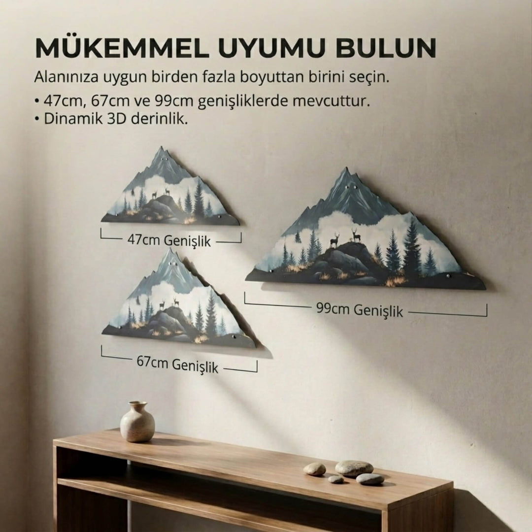 Geyik Figürlü Dağ Silüeti Metal Tablo - UV Baskılı Modern Duvar Dekoru