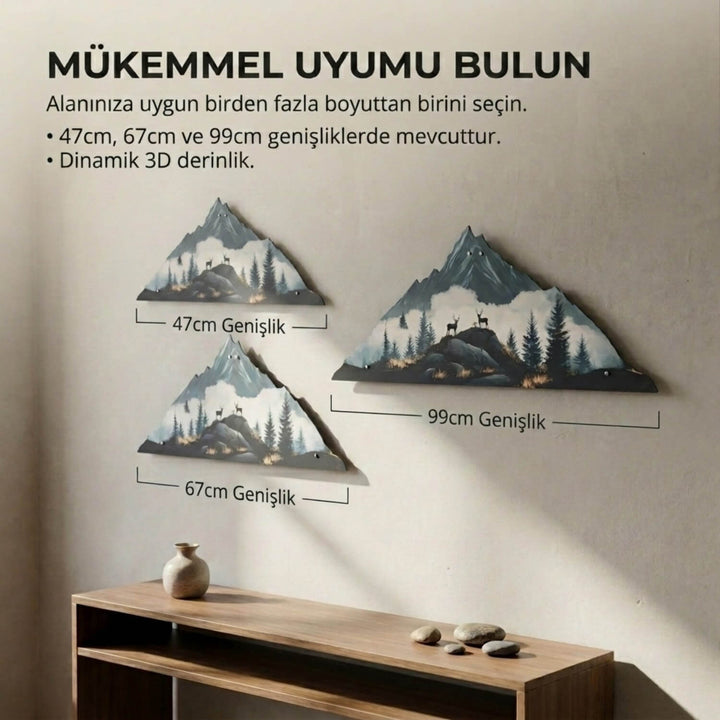 Geyik Figürlü Dağ Silüeti Metal Tablo - UV Baskılı Modern Duvar Dekoru