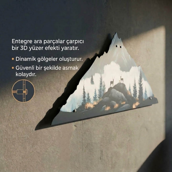 Geyik Figürlü Dağ Silüeti Metal Tablo - UV Baskılı Modern Duvar Dekoru