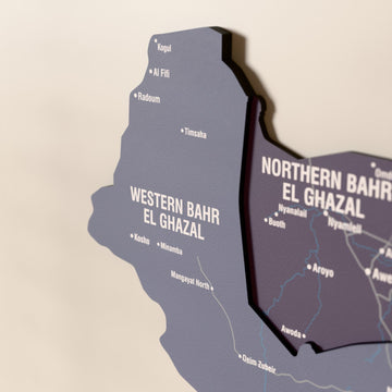 Güney Sudan ahşap haritasında Nimbus renk katmanlı bölgeler ve isimler, yakın plan