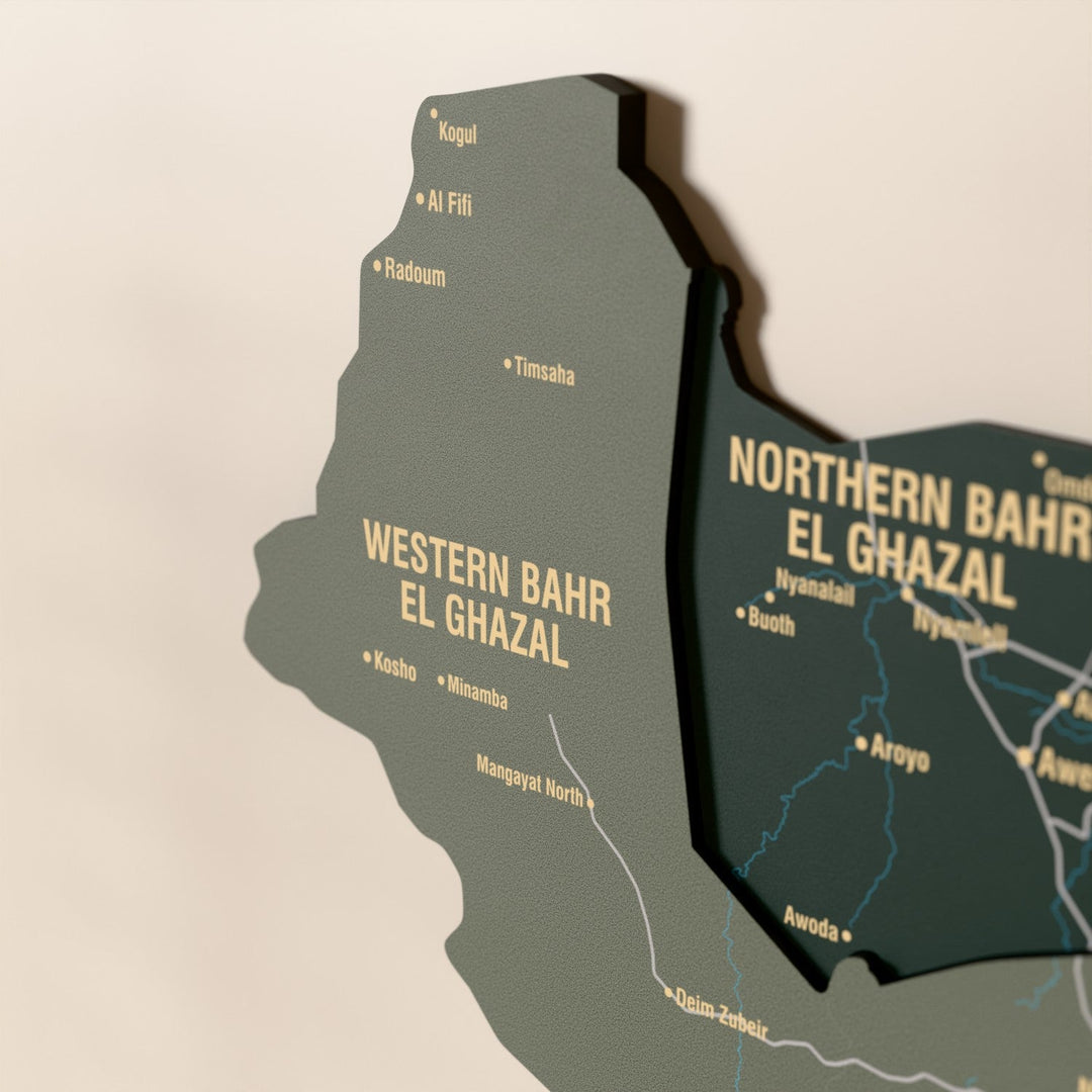 Güney Sudan ahşap haritasında Sage renk katmanlı bölgeler ve isimler, yakın plan