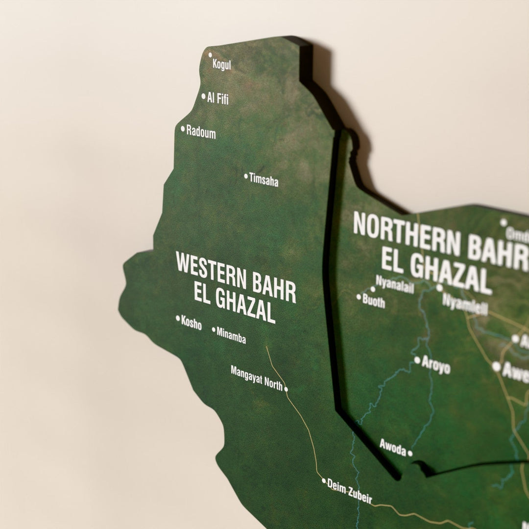Güney Sudan ahşap haritasında uydu görüntülü katmanlı bölgeler ve isimler, yakın plan