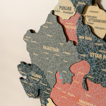 Hindistan ahşap haritasında Sage renk katmanlı bölgeler ve isimler, yakın plan