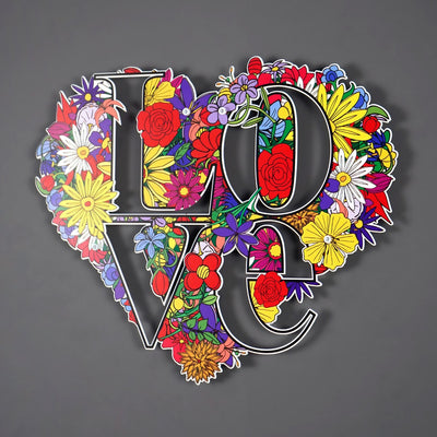 Kalp Şeklinde Çiçek Desenli Love Dekoratif Tablo UV Baskı Metal