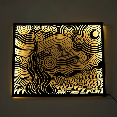 Van Gogh Yıldızlı Gece LED Işıklı Metal Duvar Tablosu