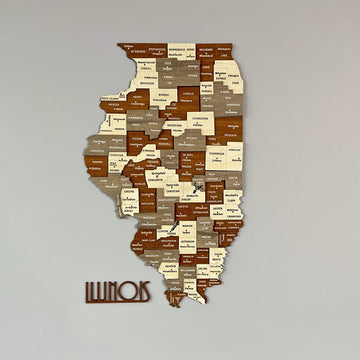 Illinois ahşap duvar haritası, ilçe isimleri ve ILLINOIS yazısıyla yakın çekim ön görünüm
