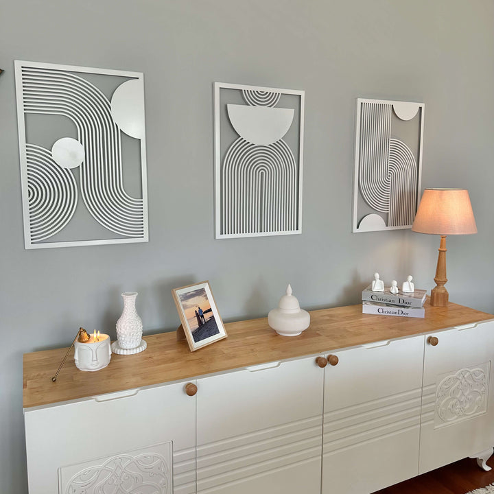 Orta Yüzyıl Dekoratif 3'lü Set Metal Duvar Tablosu - Metal Dekor