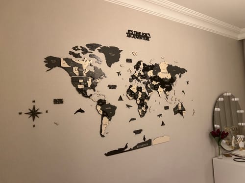 3D Ahşap Dünya Haritası - Gri, Siyah ve Krem Modern Duvar Dekoru - müşteri fotoğrafı