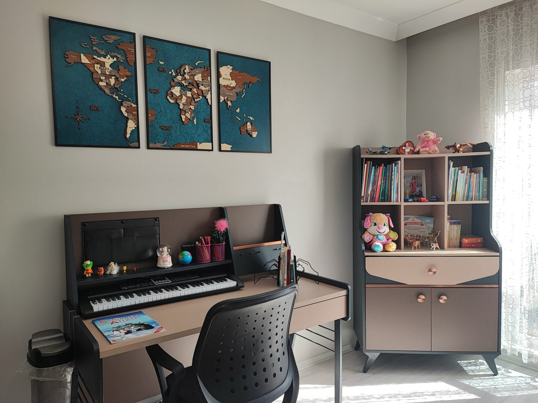 3D Ahşap Dünya Haritası - Modern 3 Parça Çerçeveli Tasarım - müşteri fotoğrafı