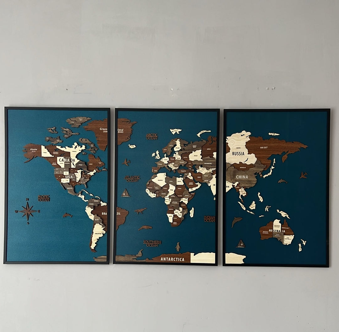 3D Ahşap Dünya Haritası - Modern 3 Parça Çerçeveli Tasarım - müşteri fotoğrafı
