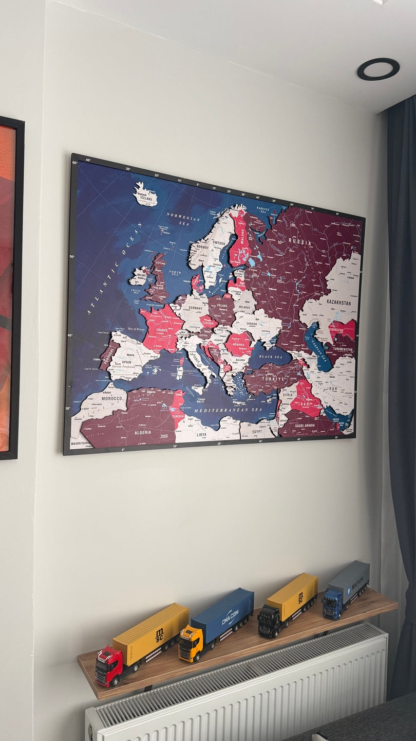 Avrupa Siyasi Haritası Renkli Katmanlı 3D Baskı Ahşap Duvar Dekoru (Crimson) - müşteri fotoğrafı