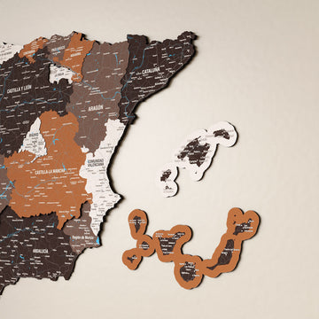 Soil ahşap İspanya haritasında doğu kıyısı bölgeleri ve ada panellerinin yakın çekim detayı