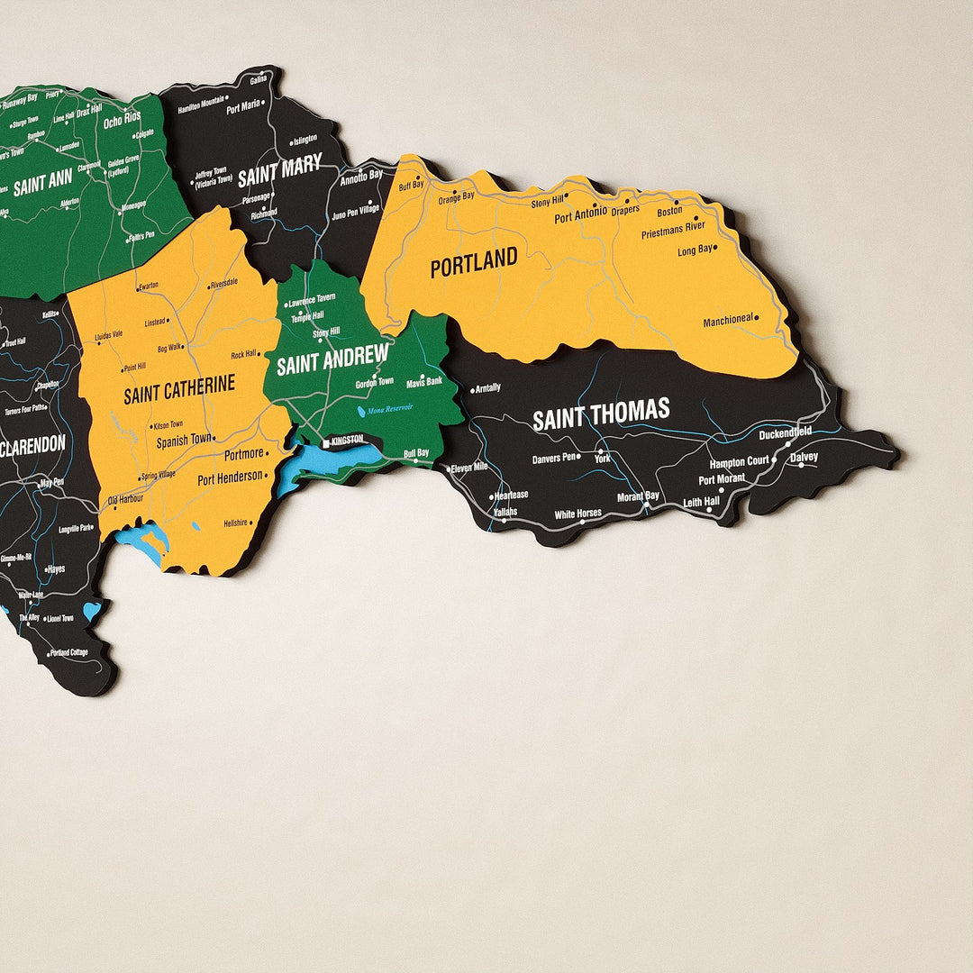 Jamaika Haritası Ahşap Duvar Dekoru - UV Baskılı Çok Katmanlı Tasarım