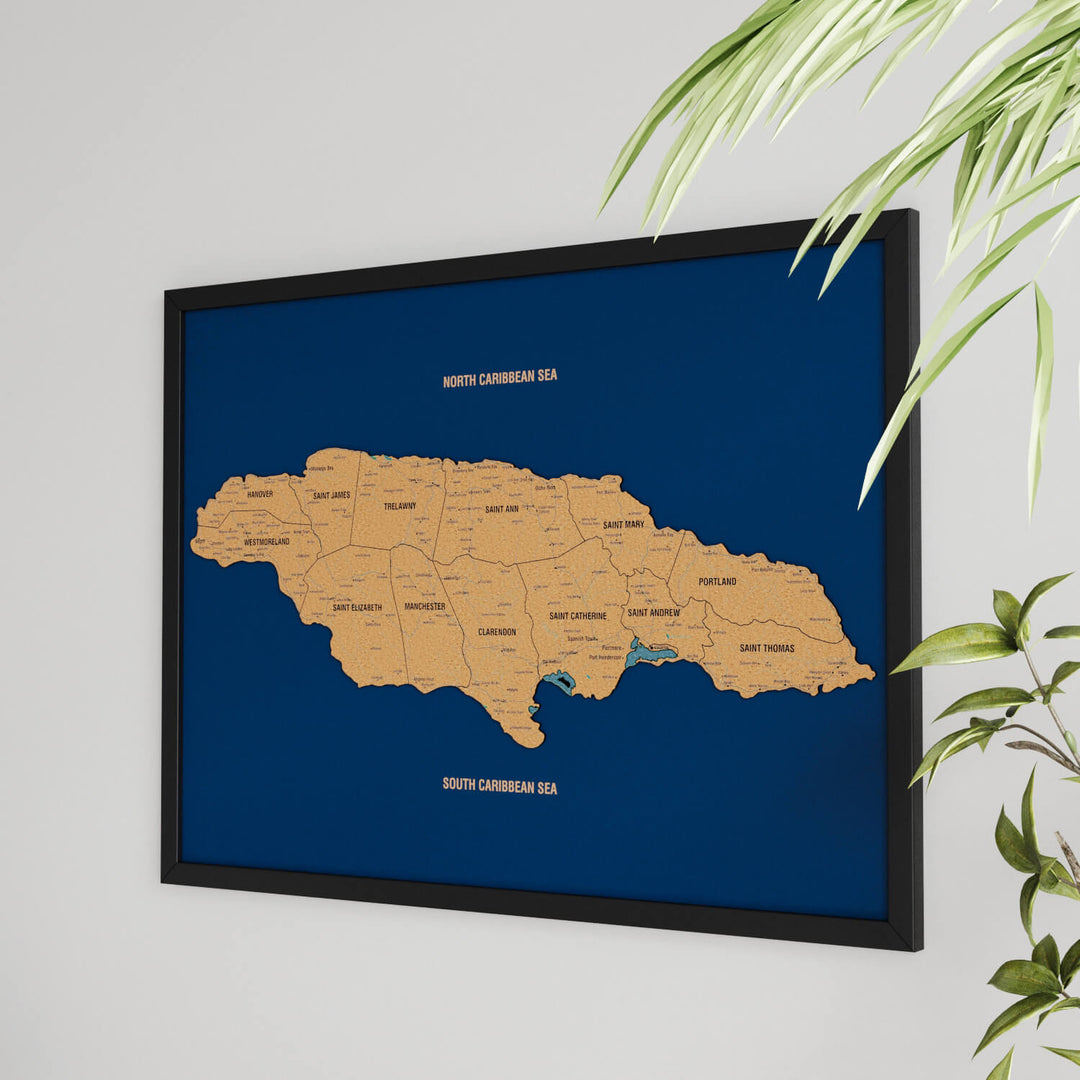 Jamaika Haritası Çerçeveli Mantar Pano - UV Baskı Duvar Dekoru