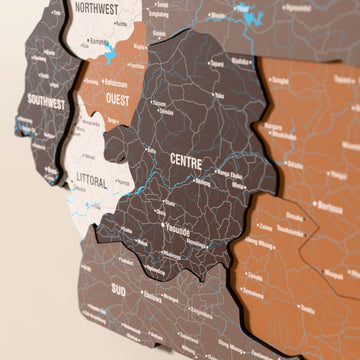 Kamerun ahşap haritasında Soil renk katmanlı bölgeler ve isimler, yakın plan