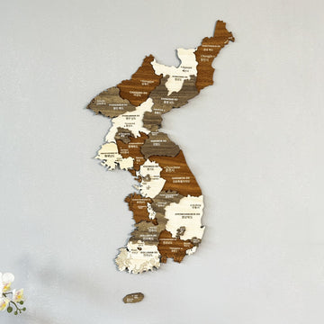 Kuzey ve Güney Kore ahşap duvar haritası, Large (68x120 cm), yakın kadrajda il isimleri ve katmanlar