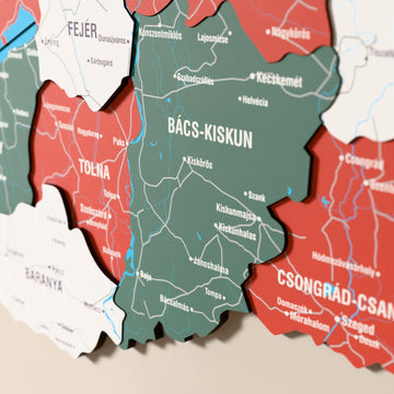 Macaristan ahşap haritasında bayrak renkli katmanlı bölgeler ve isimler, yakın plan