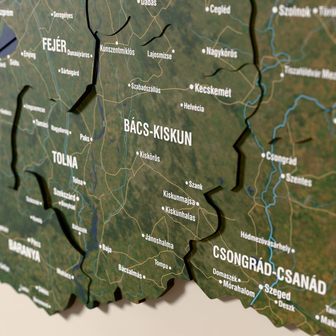 Macaristan ahşap haritasında uydu görüntülü katmanlı bölgeler ve isimler, yakın plan