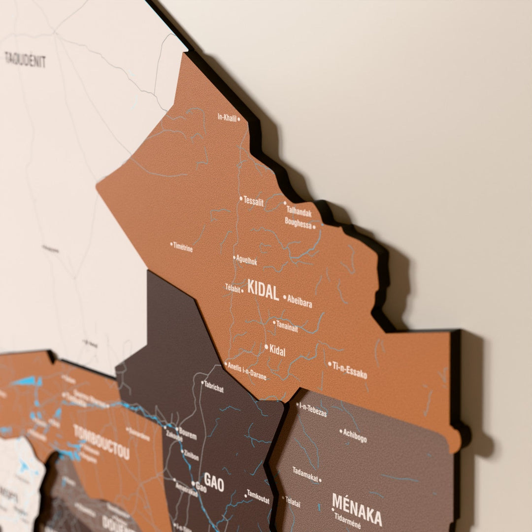 Mali ahşap haritasında Soil renk katmanlı bölgeler ve isimler, yakın plan