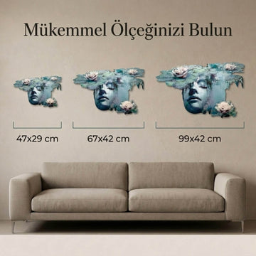 Nilüferler ve kadın metal tablo boyut görseli, kanepenin üzerindeki duvarda: 47x29 cm, 67x42 cm ve 99 cm genişlik